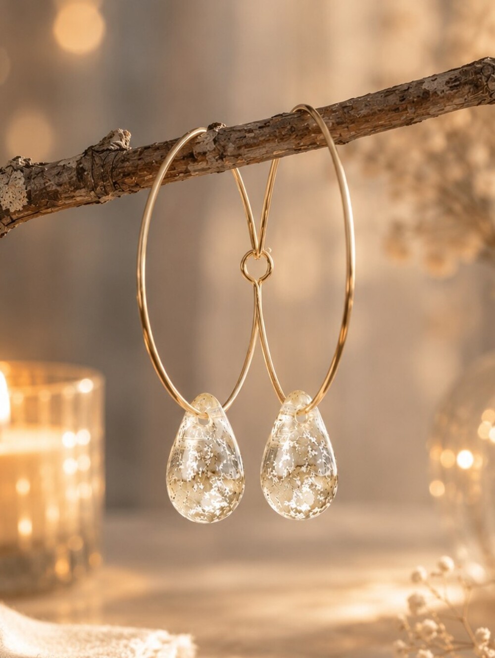 18k Gold Hoop Earrings Mercury Czech Glass Teardrops Elegant Hand Crafted